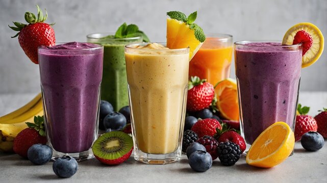 Presentaci&oacute;n de Smoothies Saludables: Dos Bebidas Naturales Decoradas con Frutas Frescas como Naranjas y Fresas, Acompa&ntilde;adas por Ar&aacute;ndanos y Frambuesas en un Estilo Art&iacute;stico para Resaltar Frescura y 