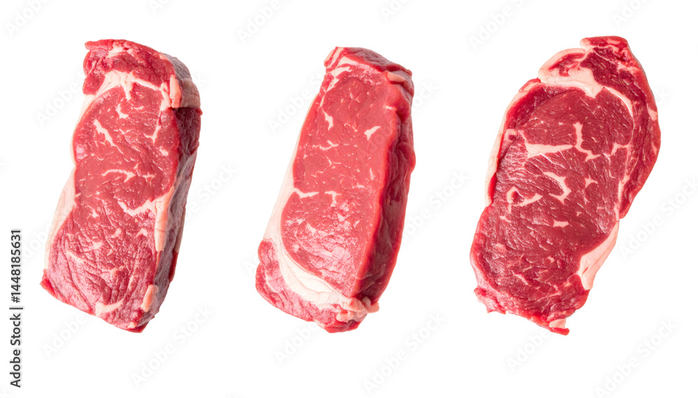 Aufkleber three raw beef steaks from different angles, isolated on transparent background with clipping path