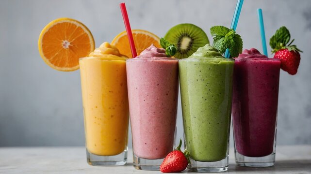 Refrescante Exhibici&oacute;n de Smoothies Saludables: Cuatro Bebidas Coloridas Garnishadas con Frutas Frescas, Incluyendo Kiwi, Fresas y Naranjas, Presentadas con Pajillas Vibrantes para Inspirar Vitalidad 