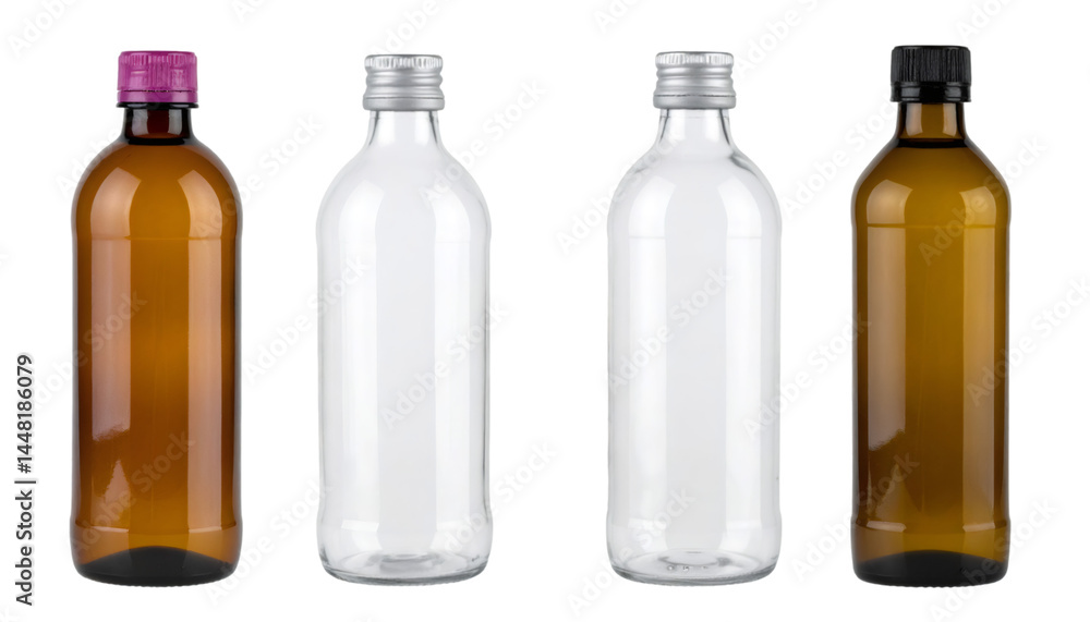 Poster set of four empty glass bottles with different colored caps on transparent background