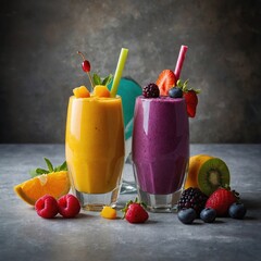 "Colores y Sabores Exquisitos: Dos Smoothies de Frutas Tropicales y Berries Decorados con Hierbas Frescas y Presentados con Elegancia Sobre una Superficie Gris Oscura