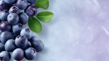 National Blueberry Day, horizontal banner with light blue to purple gradient, image of a handful of fresh blueberries on the left side, plain background with soft texture