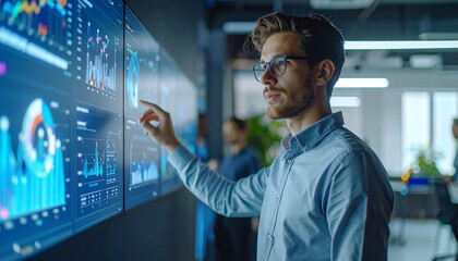 Obraz premium Data Analysis and Insight: A focused professional interacts with a futuristic screen displaying intricate data, visualizing complex information in a modern work environment.