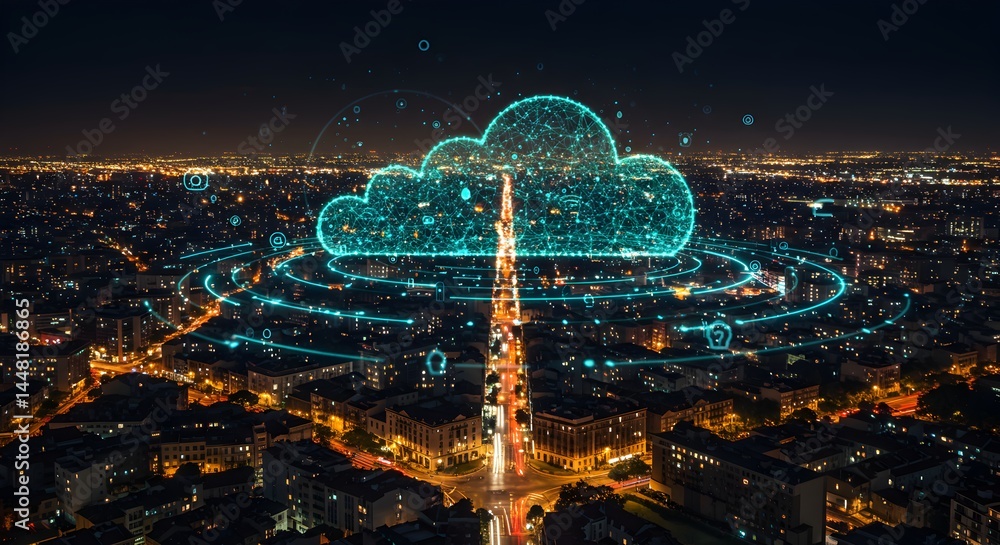 Poster interconnected smart city with cloud computing and data stream at night