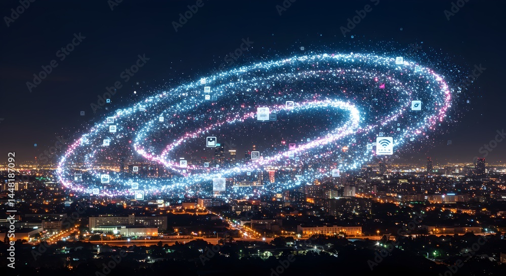 Poster digital network infrastructure over illuminated city at night creates data flow