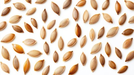 Pumpkin seed group isolated overhead, natural patterns and spacing on white