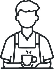 Line art illustration of a barista wearing an apron and holding a steaming cup of coffee or tea