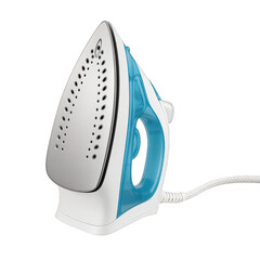 This sleek white and blue electric steam iron is an essential home tool designed for achieving perfectly smooth, crisp garments.