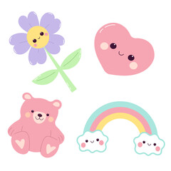 Cute set of kawaii elements. Teddy bear, rainbow, flower and heart.