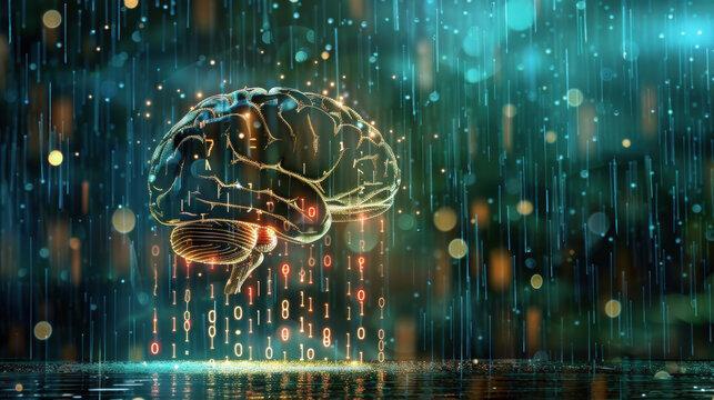 Digital brain with binary code rain falling over it in futuristic data environment