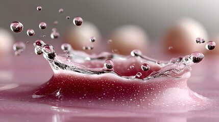 Splashing Water Droplets in Pink Liquid with Pearl Background Creating a Stunning Visual Effect