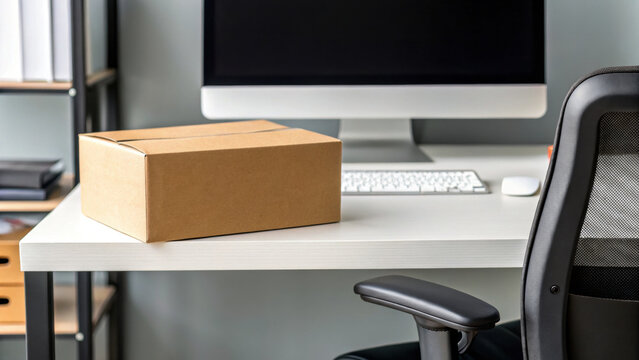 Brown parcel box on white desk with computer and office chair in modern workspace