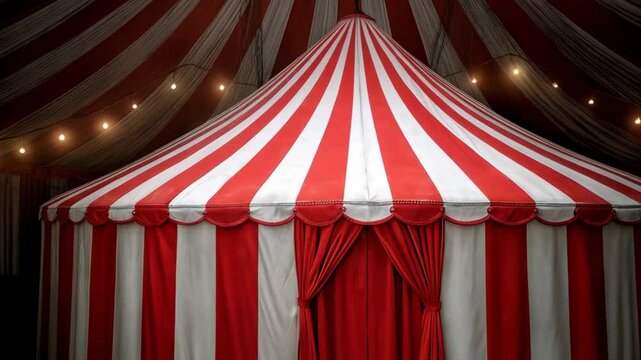 Exterior view of a vintage circus tent with a red and white striped design, decorative entrance curtains, and warm ambient lighting.
