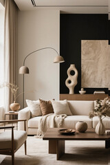 Elegant beige sofa with abstract pillows and organic decor elements, creating a calm and modern interior with a relaxed and stylish ambiance.

