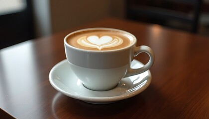 Latte Art Heart in White Cup on Table