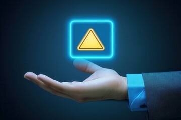 Businessman presenting a glowing warning symbol in hand against a dark background