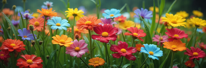 Colorful garden flowers in bloom on rainy day
