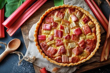 Tasty rhubarb pie with custard set against a rustic backdrop