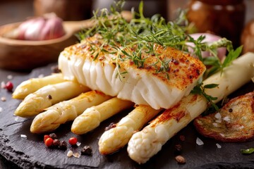 Tasty roasted halibut with baked asparagus Seafood treat