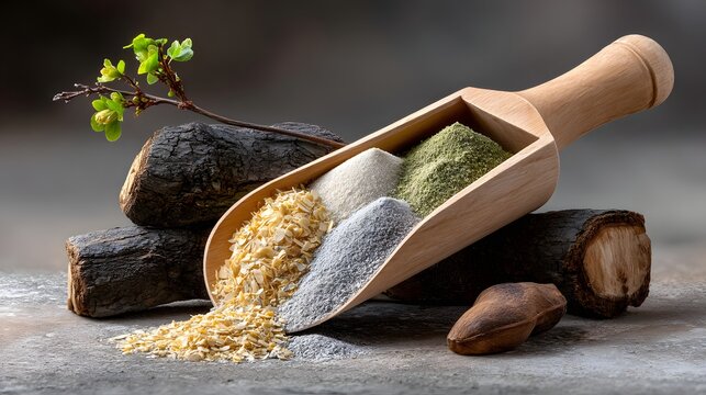 Natural Ingredients in Wooden Scoop with Herbs and Spices on Rustic Background
