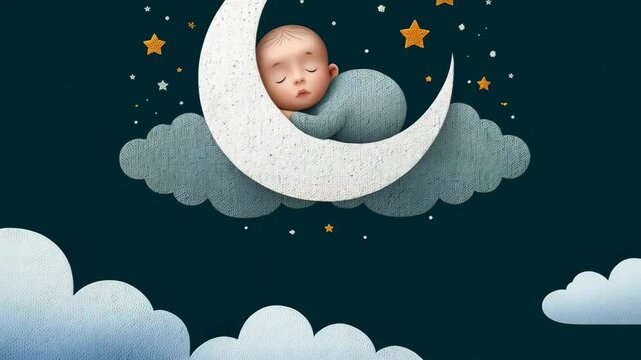 Infant sleeping peacefully cradled in a crescent moon with stars and clouds, creating a serene celestial scene