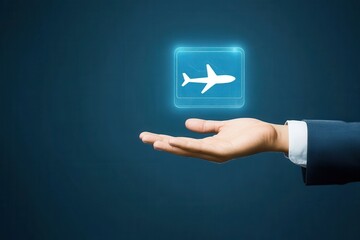 Businessman presenting a holographic airplane icon, symbolizing travel technology innovation