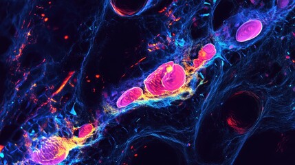 Research and biotechnology theme, stem cells digitally enhanced in 3D microscopy setting