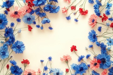 Floral arrangement in shades of blue, pink, and red, creating a frame.