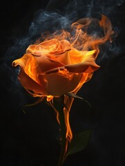 A fiery rose igniting in slow motion, smoke rising elegantly from each blooming petal