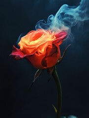A fiery rose igniting in slow motion, smoke rising elegantly from each blooming petal