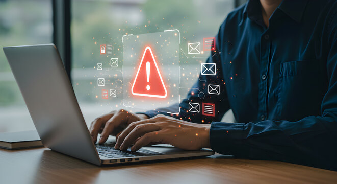 Cyber security alert email phishing scam warning on laptop computer with exclamation point triangle sign