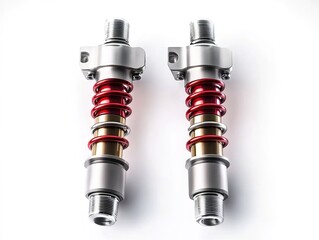 Two red coil silver shock absorbers side-by-side on white background.