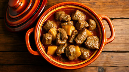Fototapeta premium Typical Spanish food, stewed tripe a la madrilena. Horizontal view of food in a clay pot on a wooden table.