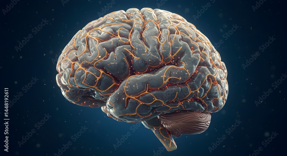 Poster detailed 3d rendering of human brain anatomy with neural pathways