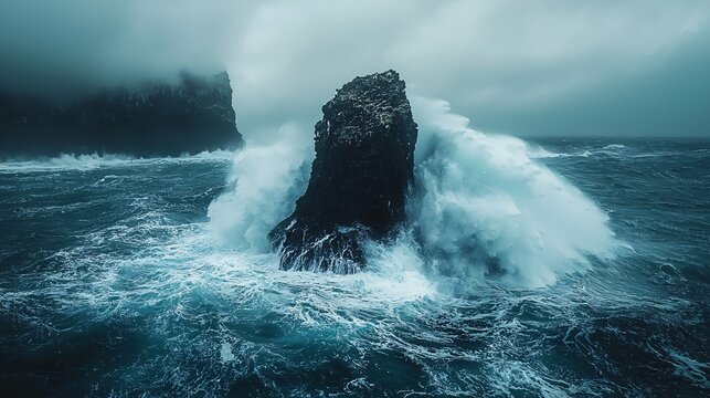 The waves hit the rocks