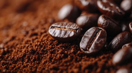 Fototapeta premium Side angle of espresso coffee grounds pile, fine texture and aroma-rich dark brown color