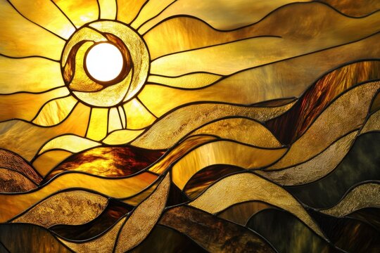 Radiant sun illuminating elegant waves in a colorful stained glass artwork at the heart of a serene coastal town