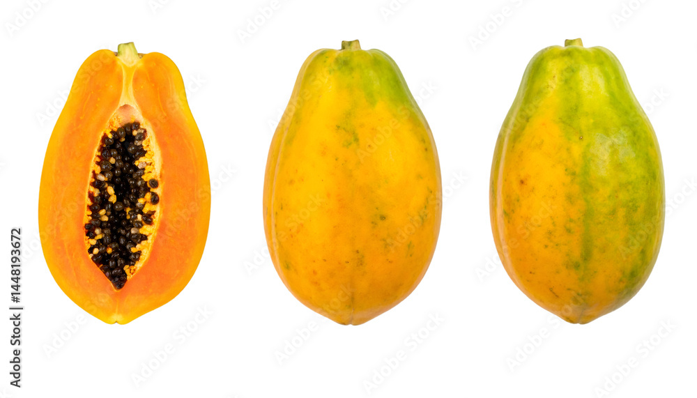 Poster set of three papayas showing whole fruit and a half with seeds on transparent background