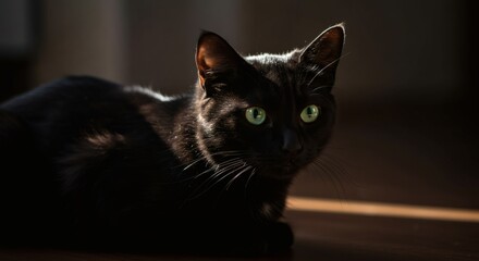 A sleek black cat is illuminated by the sunlight, its bright green eyes captivating the viewer.