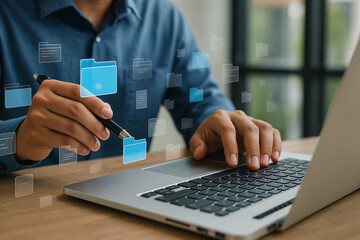 Digital File Management Modern Business Professional Using Laptop Computer Technology Data Organization Efficient Workflow Online Storage Cloud Computing Secure Information Access Digital Documents   