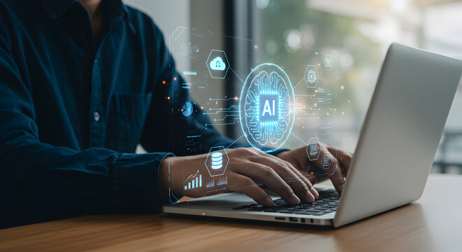 Ai artificial intelligence technology concept with man using laptop for machine learning data analysis