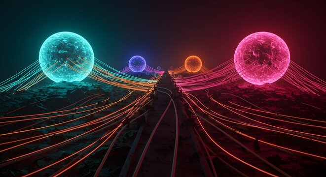 Abstract vibrant orbs emitting energy across a futuristic alien landscape