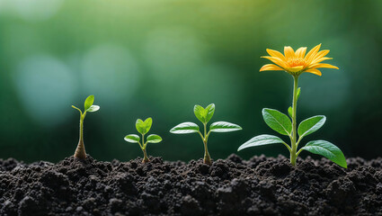 Growing plants and yellow flower showing growth or success concept