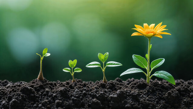Fototapeta Growing plants and yellow flower showing growth or success concept
