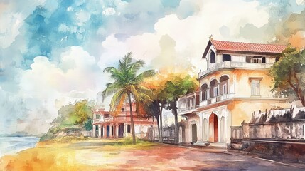 Soft watercolor style featuring iconic Tamil Nadu settings like Chettinad mansions and riversides