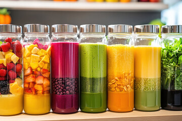 of fresh fruits and vegetables on wooden table vibrant smoothies and nutritious salads.