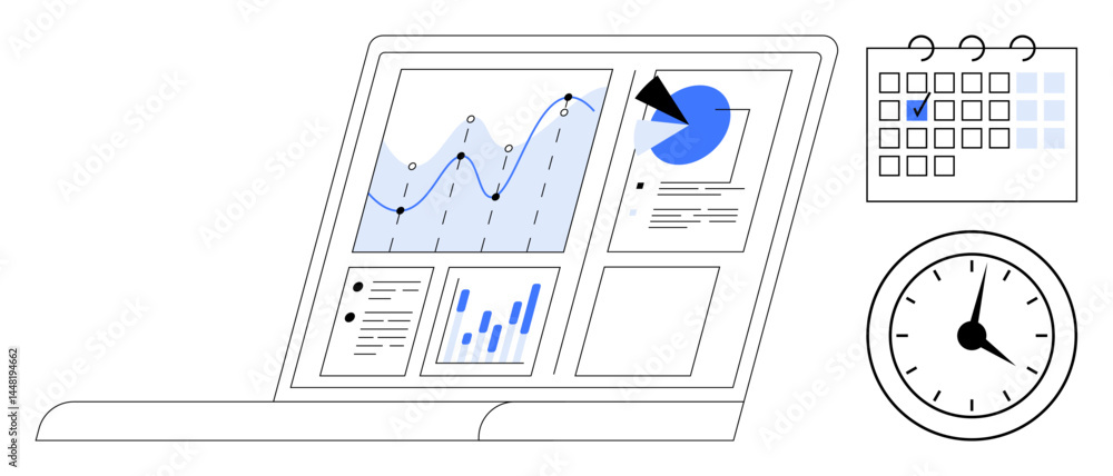 Poster laptop displaying analytics charts, graphs, and data insights. accompanied by a calendar and a clock