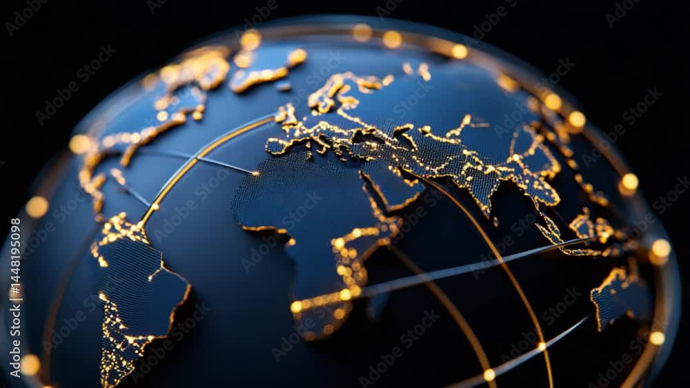 Poster detailed glow of world map highlighting geographic connections and global interactions in dark backg