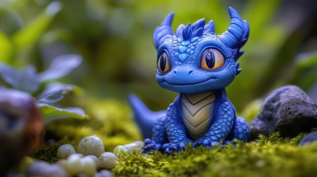 Adorable little blue dragon figurine amidst nature