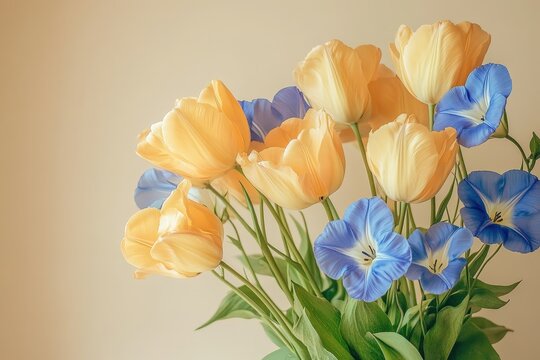 Delicate bouquet of pastel tulips and morning glories.